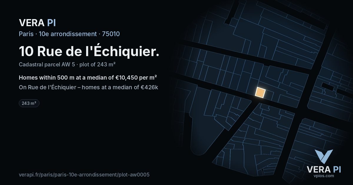 10 Rue de l'Échiquier, 10e arrondissement at night – the plot lit, the parcels around coloured by the prices near them