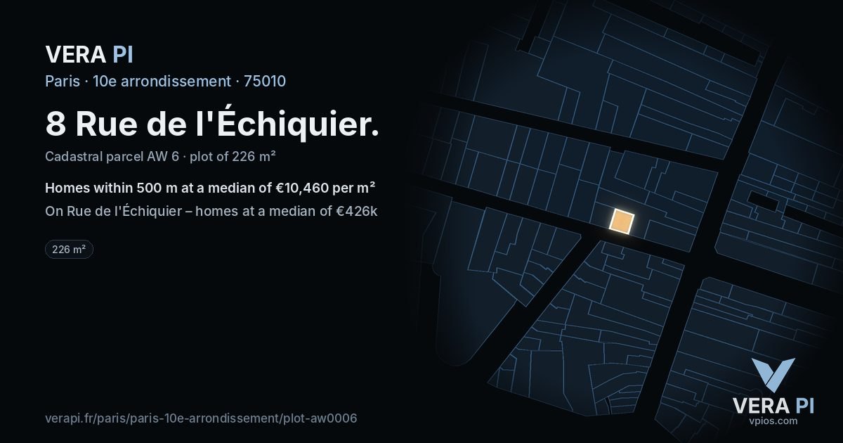 8 Rue de l'Échiquier, 10e arrondissement at night – the plot lit, the parcels around coloured by the prices near them