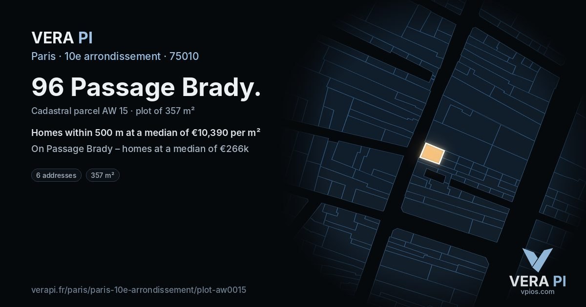 96 Passage Brady, 10e arrondissement at night – the plot lit, the parcels around coloured by the prices near them