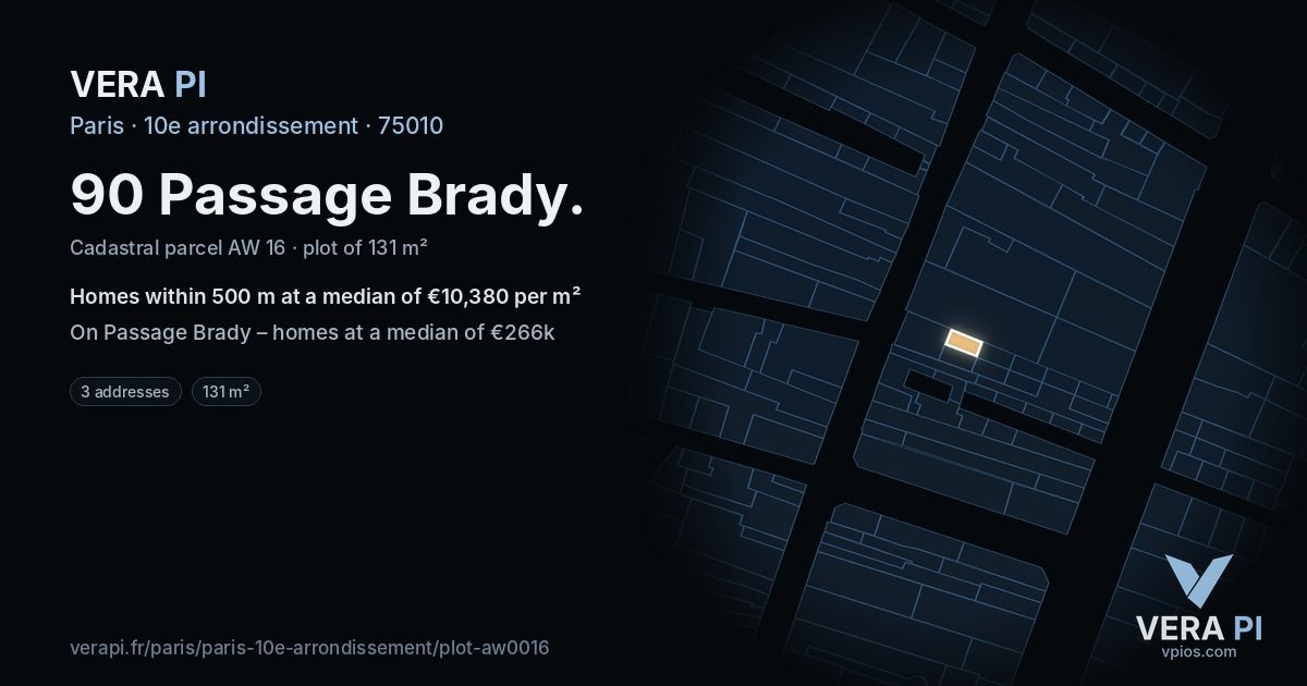 90 Passage Brady, 10e arrondissement at night – the plot lit, the parcels around coloured by the prices near them