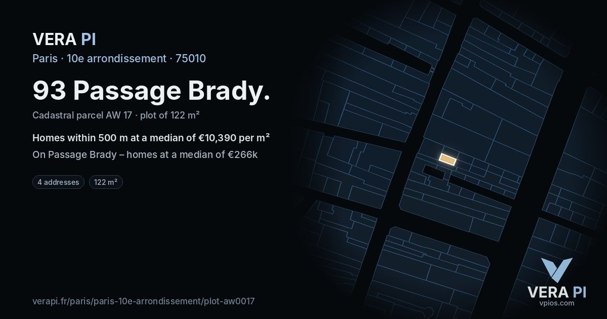 93 Passage Brady, 10e arrondissement at night – the plot lit, the parcels around coloured by the prices near them