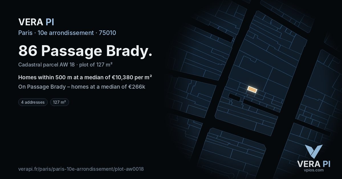 86 Passage Brady, 10e arrondissement at night – the plot lit, the parcels around coloured by the prices near them