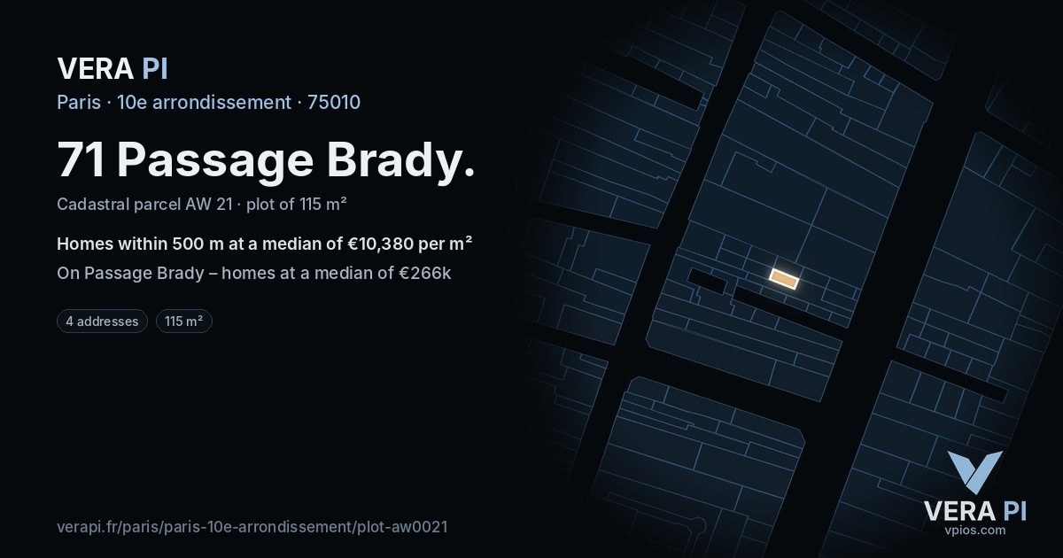 71 Passage Brady, 10e arrondissement at night – the plot lit, the parcels around coloured by the prices near them