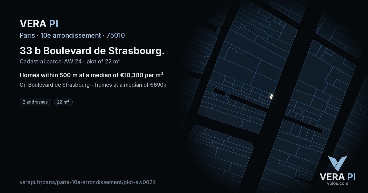 33 b Boulevard de Strasbourg, 10e arrondissement at night – the plot lit, the parcels around coloured by the prices near them