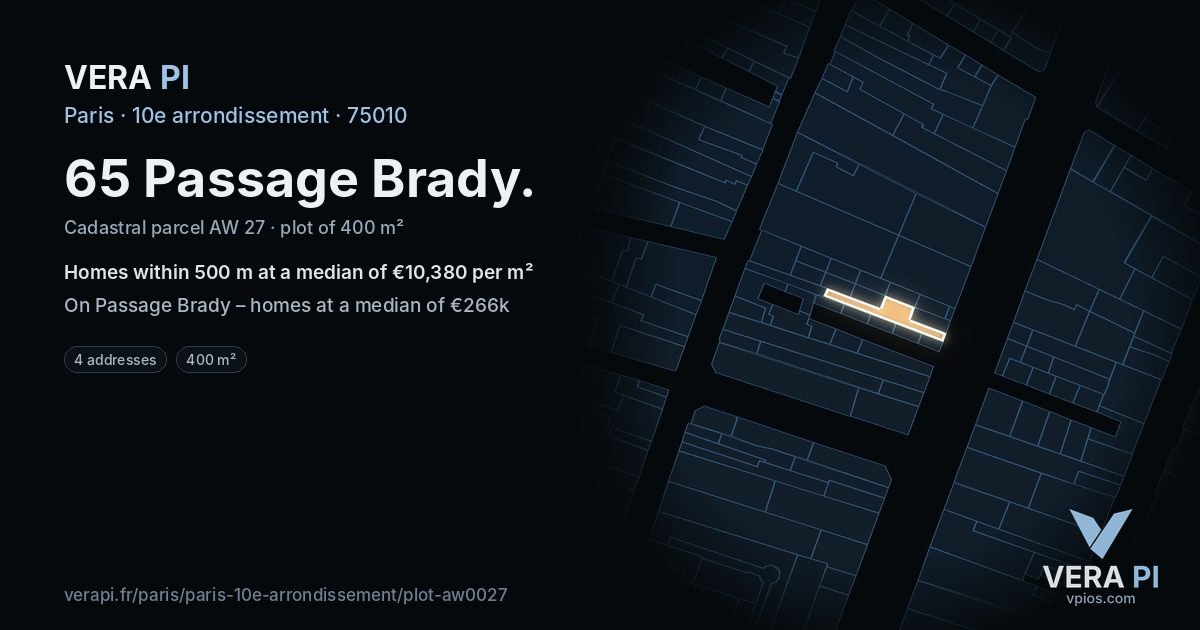 65 Passage Brady, 10e arrondissement at night – the plot lit, the parcels around coloured by the prices near them