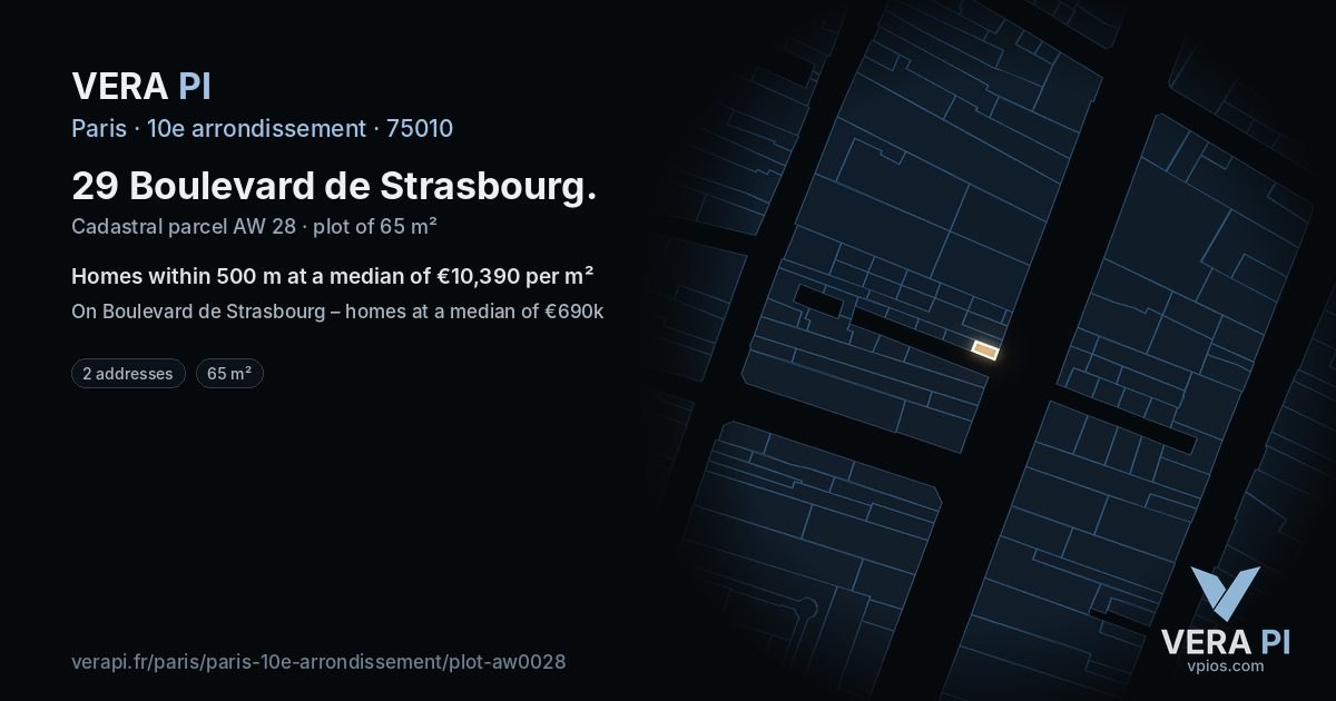 29 Boulevard de Strasbourg, 10e arrondissement at night – the plot lit, the parcels around coloured by the prices near them