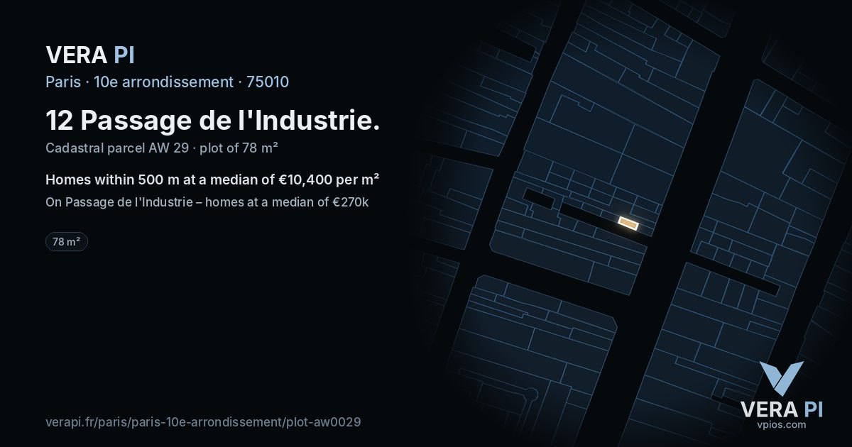 12 Passage de l'Industrie, 10e arrondissement at night – the plot lit, the parcels around coloured by the prices near them