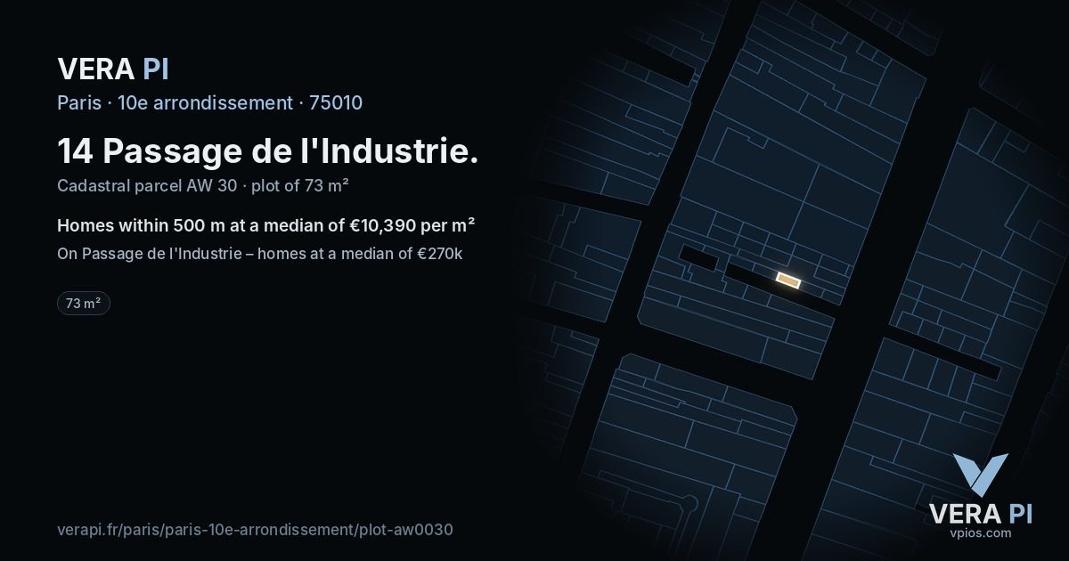 14 Passage de l'Industrie, 10e arrondissement at night – the plot lit, the parcels around coloured by the prices near them
