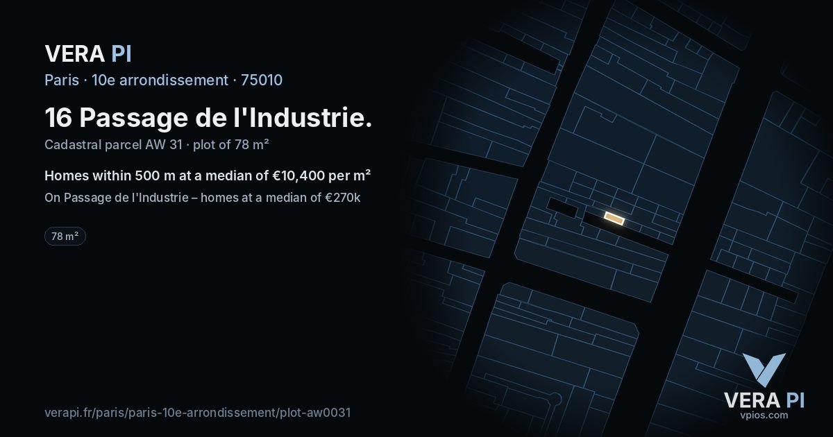 16 Passage de l'Industrie, 10e arrondissement at night – the plot lit, the parcels around coloured by the prices near them