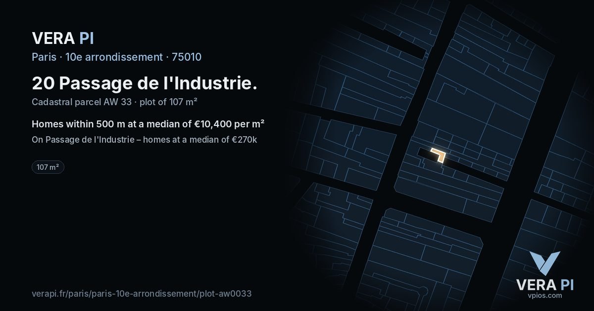 20 Passage de l'Industrie, 10e arrondissement at night – the plot lit, the parcels around coloured by the prices near them