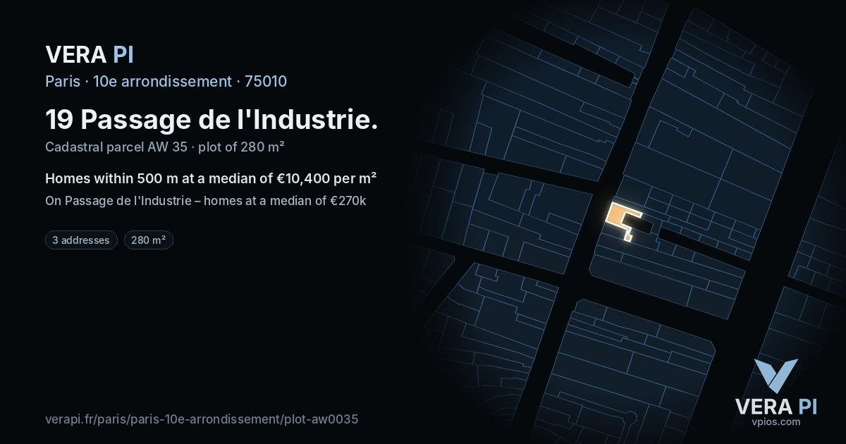 19 Passage de l'Industrie, 10e arrondissement at night – the plot lit, the parcels around coloured by the prices near them
