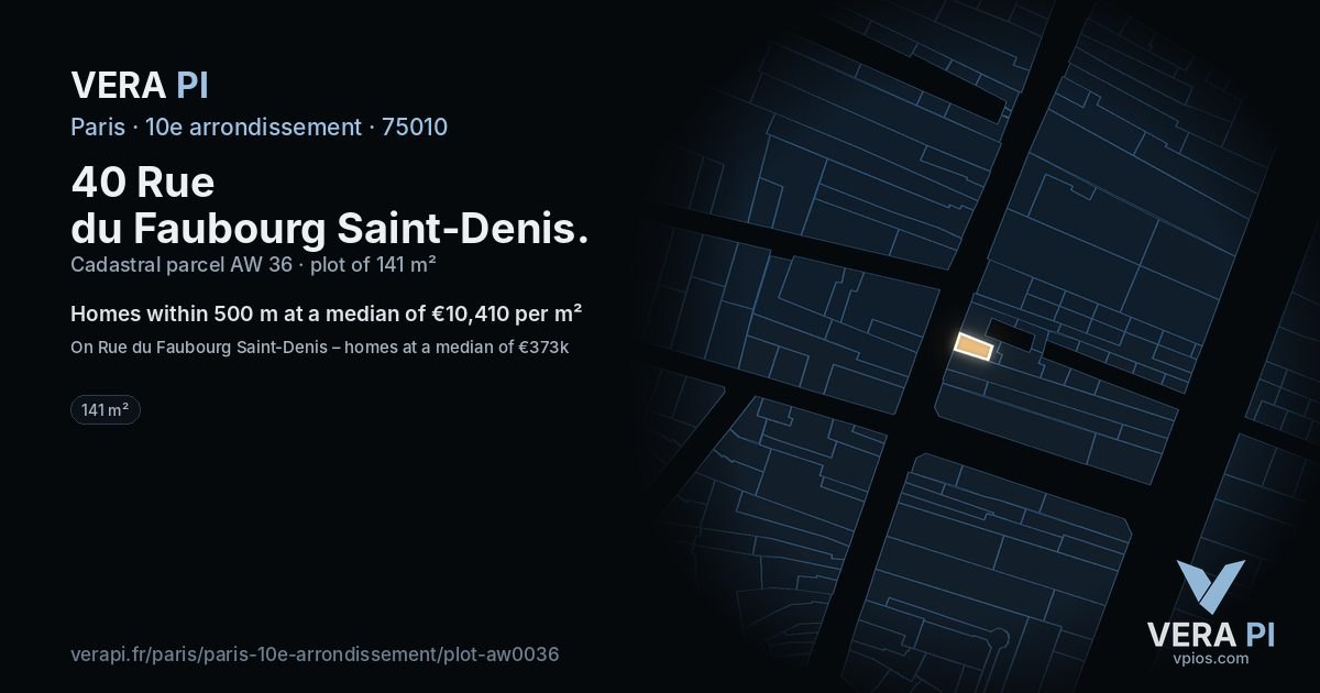 40 Rue du Faubourg Saint-Denis, 10e arrondissement at night – the plot lit, the parcels around coloured by the prices near them