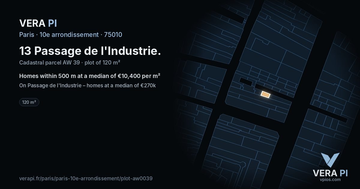 13 Passage de l'Industrie, 10e arrondissement at night – the plot lit, the parcels around coloured by the prices near them