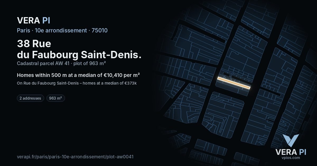 38 Rue du Faubourg Saint-Denis, 10e arrondissement at night – the plot lit, the parcels around coloured by the prices near them