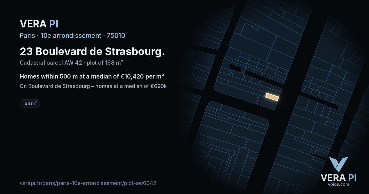 23 Boulevard de Strasbourg, 10e arrondissement at night – the plot lit, the parcels around coloured by the prices near them