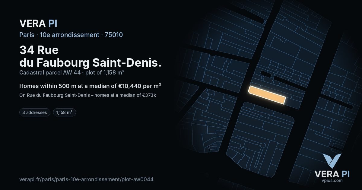 34 Rue du Faubourg Saint-Denis, 10e arrondissement at night – the plot lit, the parcels around coloured by the prices near them