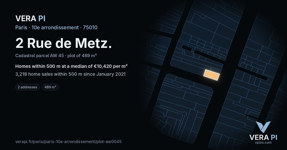 2 Rue de Metz, 10e arrondissement at night – the plot lit, the parcels around coloured by the prices near them