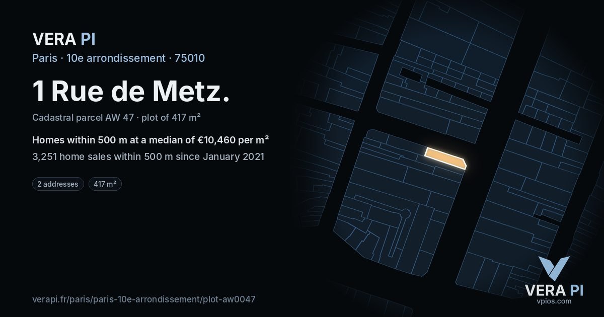 1 Rue de Metz, 10e arrondissement at night – the plot lit, the parcels around coloured by the prices near them