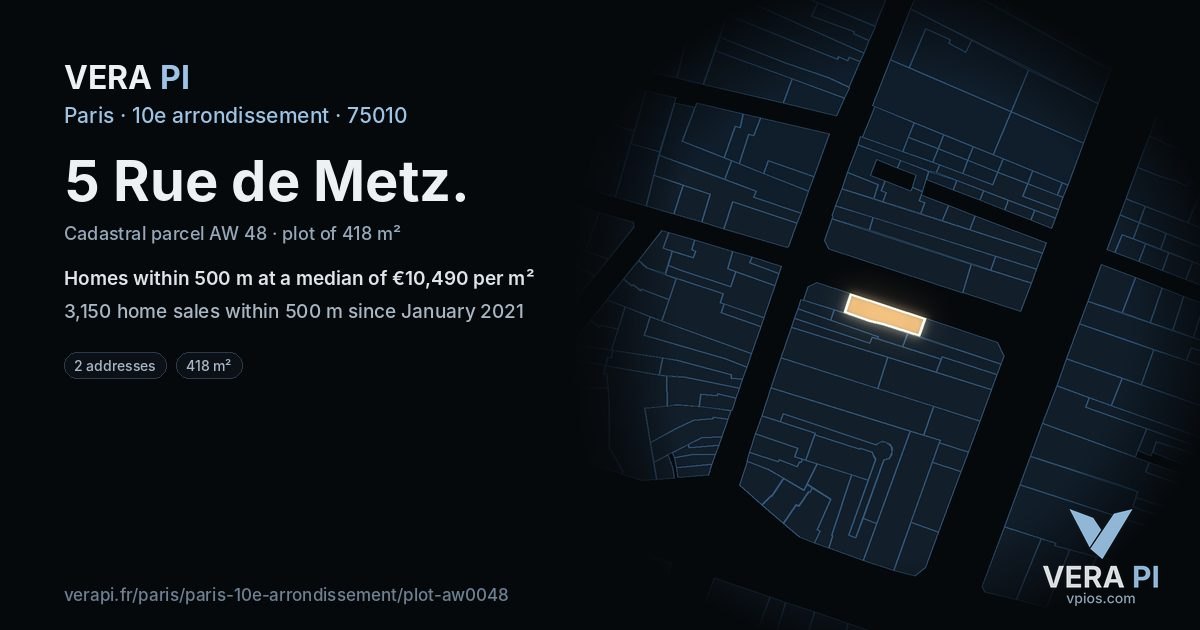 5 Rue de Metz, 10e arrondissement at night – the plot lit, the parcels around coloured by the prices near them