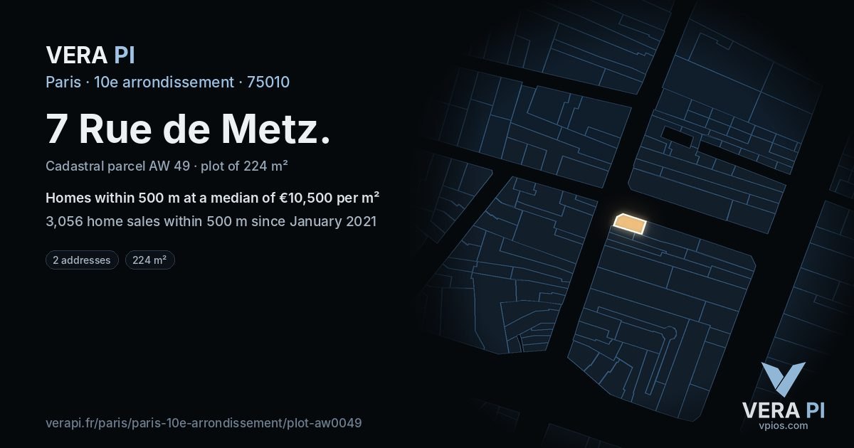 7 Rue de Metz, 10e arrondissement at night – the plot lit, the parcels around coloured by the prices near them