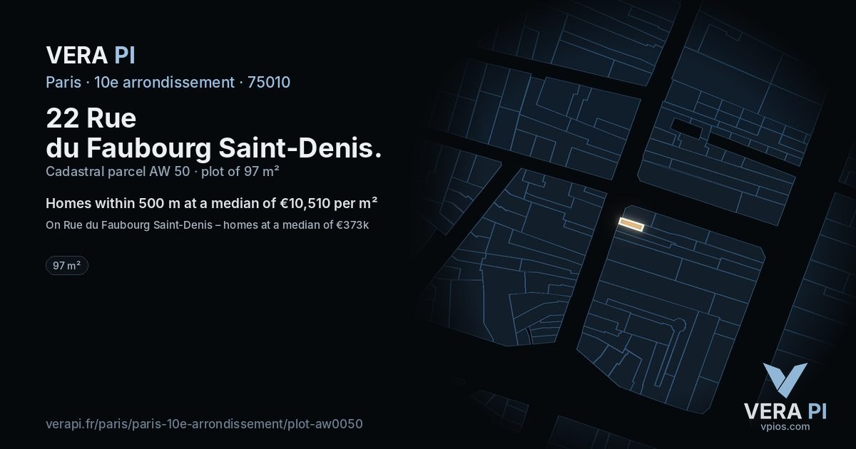 22 Rue du Faubourg Saint-Denis, 10e arrondissement at night – the plot lit, the parcels around coloured by the prices near them