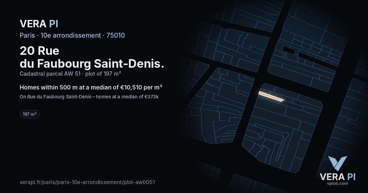 20 Rue du Faubourg Saint-Denis, 10e arrondissement at night – the plot lit, the parcels around coloured by the prices near them