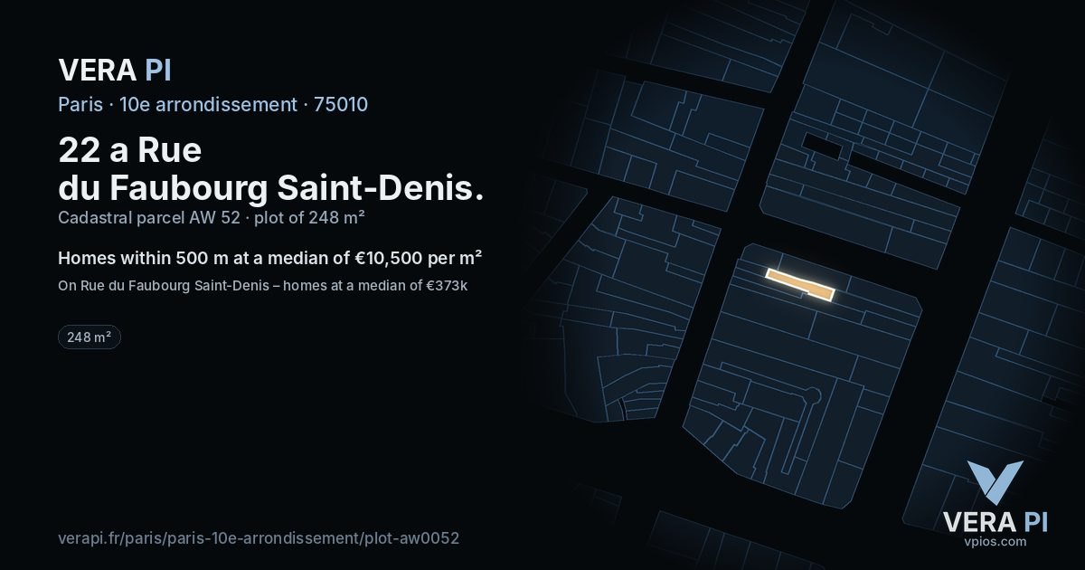 22 a Rue du Faubourg Saint-Denis, 10e arrondissement at night – the plot lit, the parcels around coloured by the prices near them