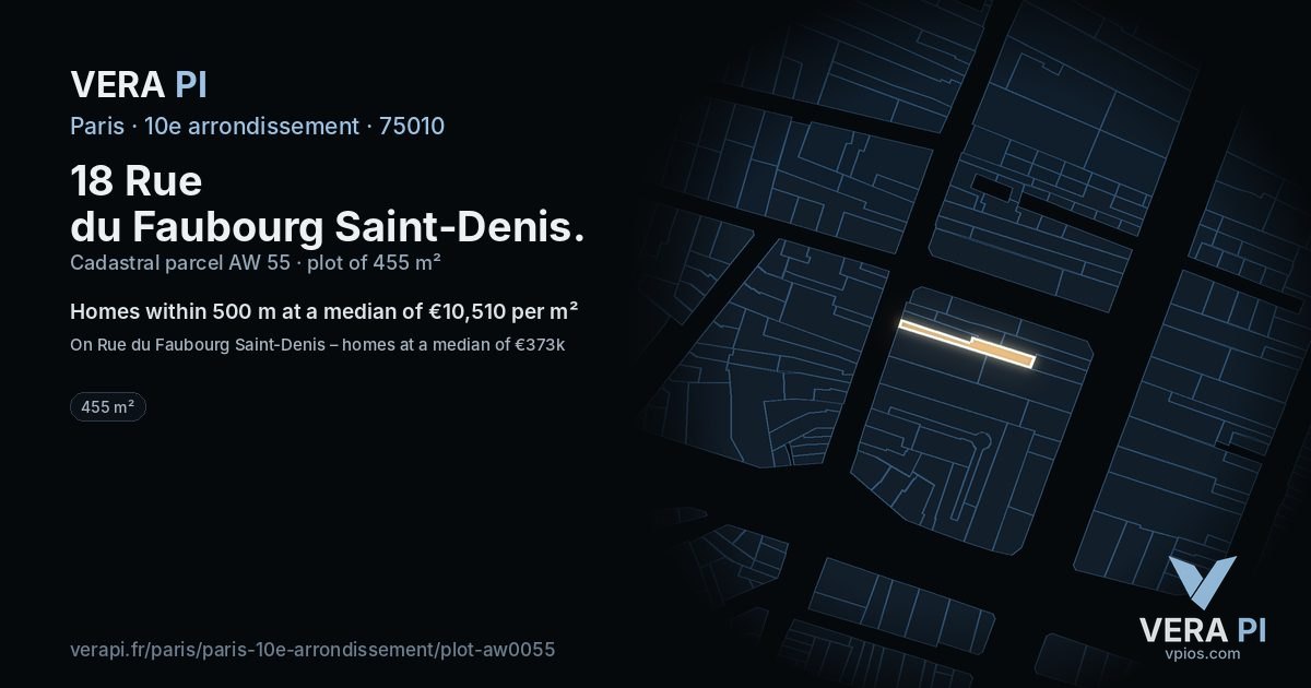 18 Rue du Faubourg Saint-Denis, 10e arrondissement at night – the plot lit, the parcels around coloured by the prices near them