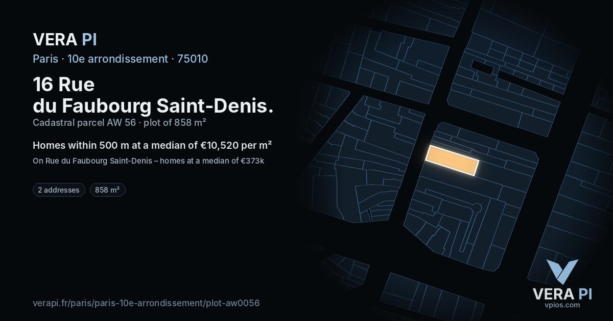 16 Rue du Faubourg Saint-Denis, 10e arrondissement at night – the plot lit, the parcels around coloured by the prices near them