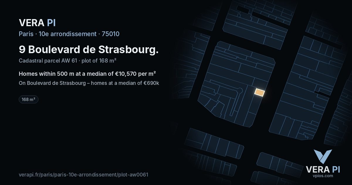 9 Boulevard de Strasbourg, 10e arrondissement at night – the plot lit, the parcels around coloured by the prices near them