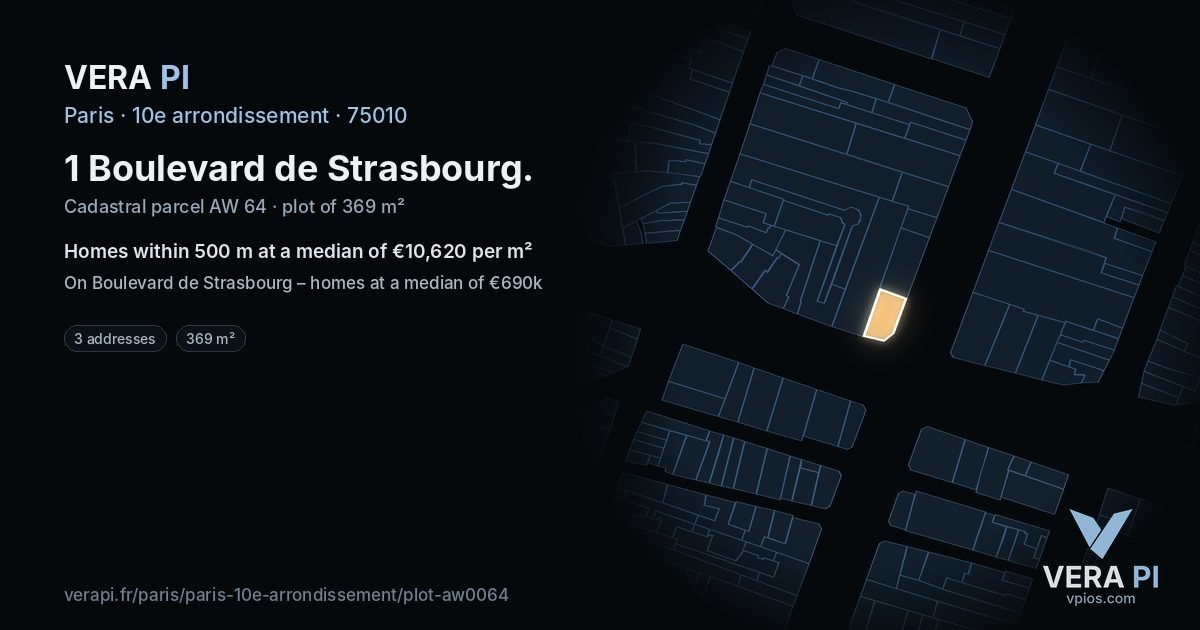 1 Boulevard de Strasbourg, 10e arrondissement at night – the plot lit, the parcels around coloured by the prices near them