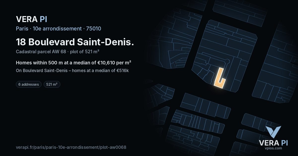 18 Boulevard Saint-Denis, 10e arrondissement at night – the plot lit, the parcels around coloured by the prices near them
