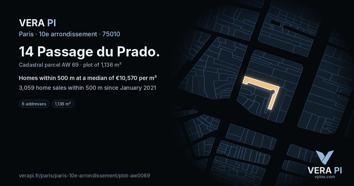 14 Passage du Prado, 10e arrondissement at night – the plot lit, the parcels around coloured by the prices near them