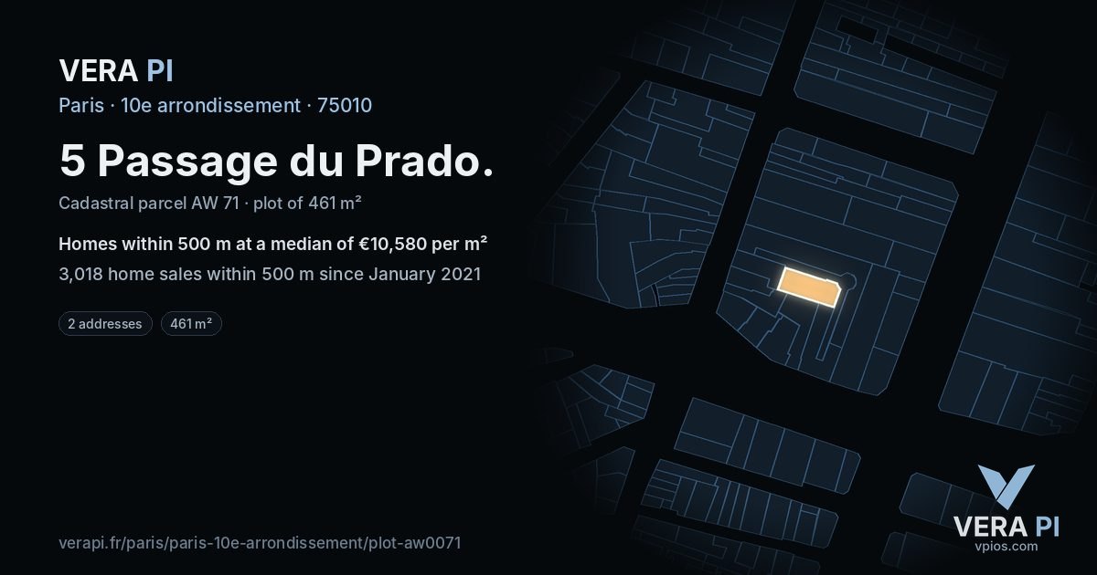 5 Passage du Prado, 10e arrondissement at night – the plot lit, the parcels around coloured by the prices near them