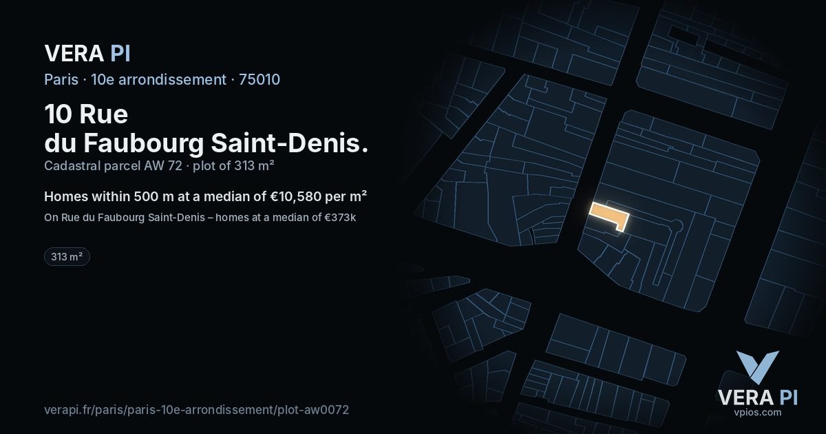 10 Rue du Faubourg Saint-Denis, 10e arrondissement at night – the plot lit, the parcels around coloured by the prices near them