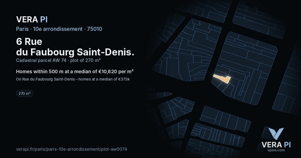 6 Rue du Faubourg Saint-Denis, 10e arrondissement at night – the plot lit, the parcels around coloured by the prices near them