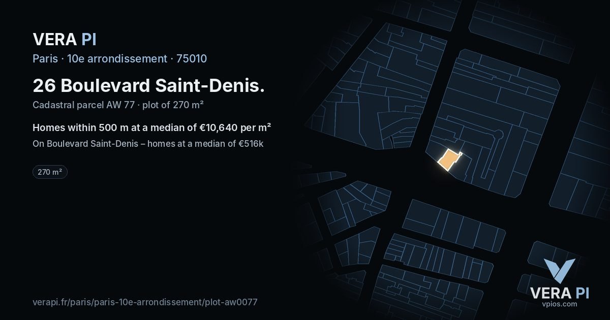 26 Boulevard Saint-Denis, 10e arrondissement at night – the plot lit, the parcels around coloured by the prices near them