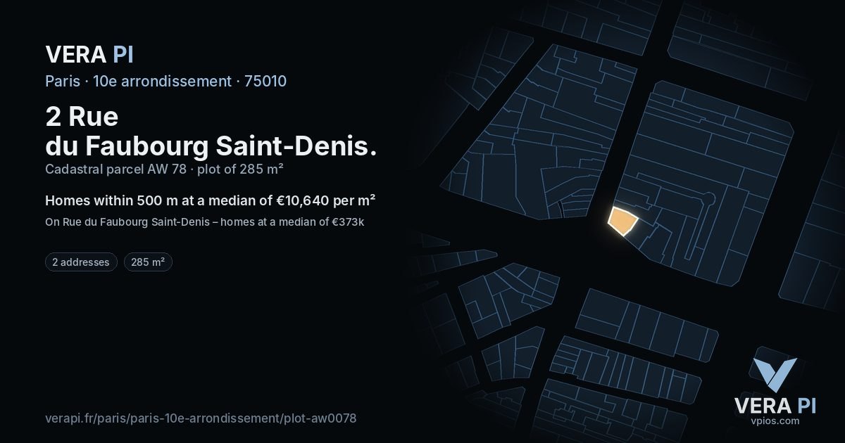 2 Rue du Faubourg Saint-Denis, 10e arrondissement at night – the plot lit, the parcels around coloured by the prices near them