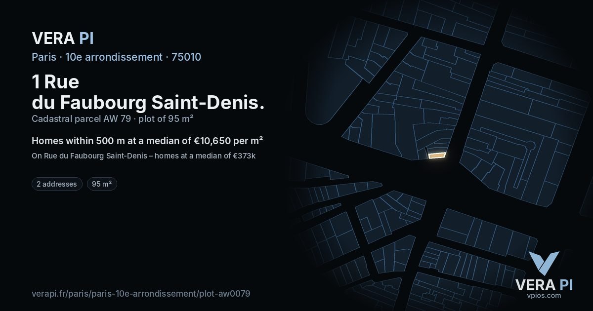 1 Rue du Faubourg Saint-Denis, 10e arrondissement at night – the plot lit, the parcels around coloured by the prices near them