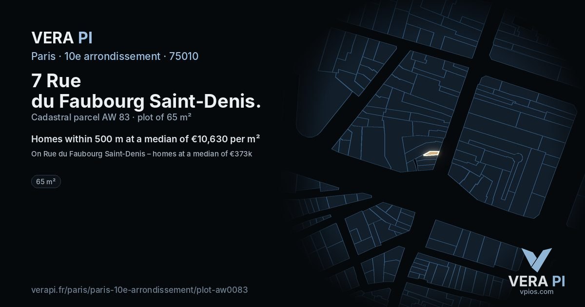 7 Rue du Faubourg Saint-Denis, 10e arrondissement at night – the plot lit, the parcels around coloured by the prices near them
