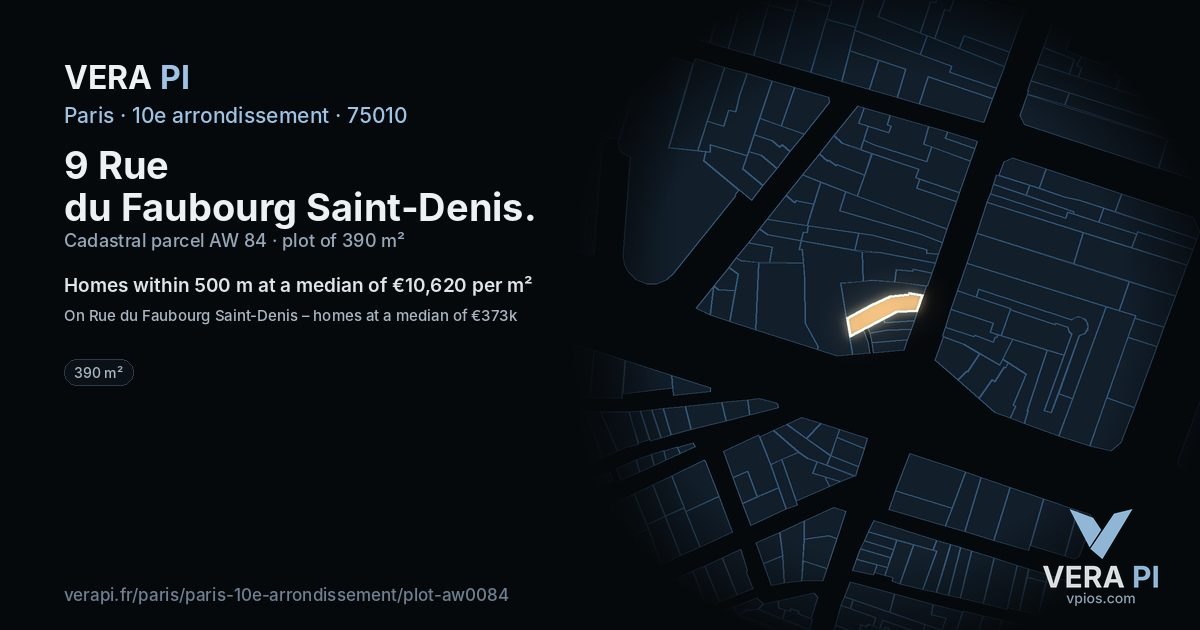 9 Rue du Faubourg Saint-Denis, 10e arrondissement at night – the plot lit, the parcels around coloured by the prices near them