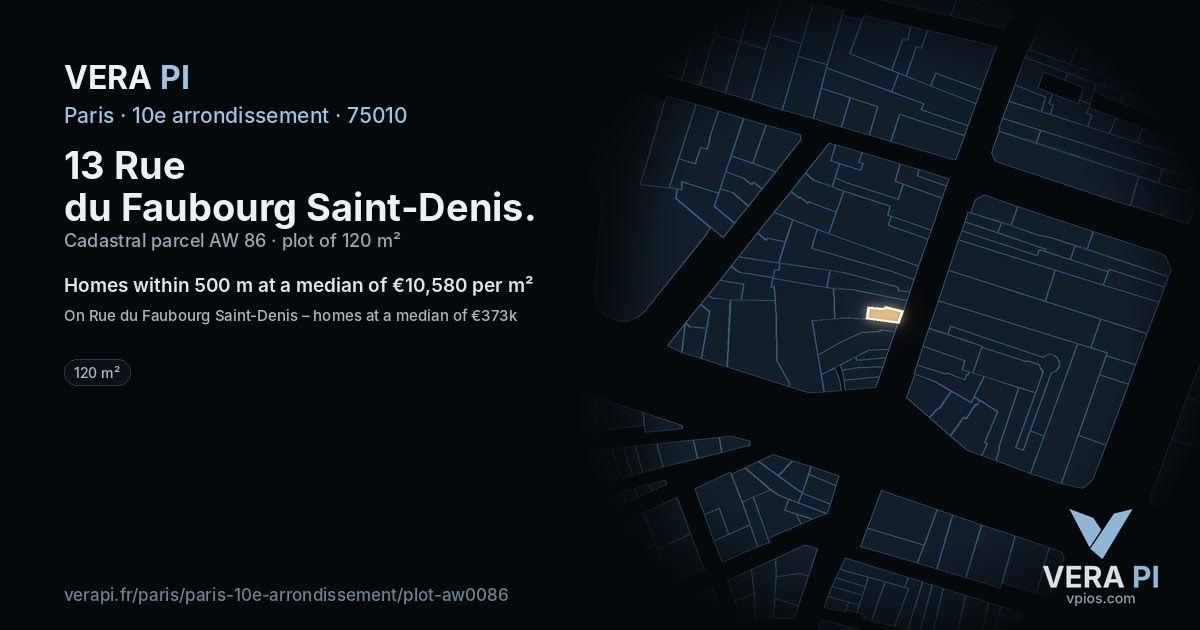 13 Rue du Faubourg Saint-Denis, 10e arrondissement at night – the plot lit, the parcels around coloured by the prices near them