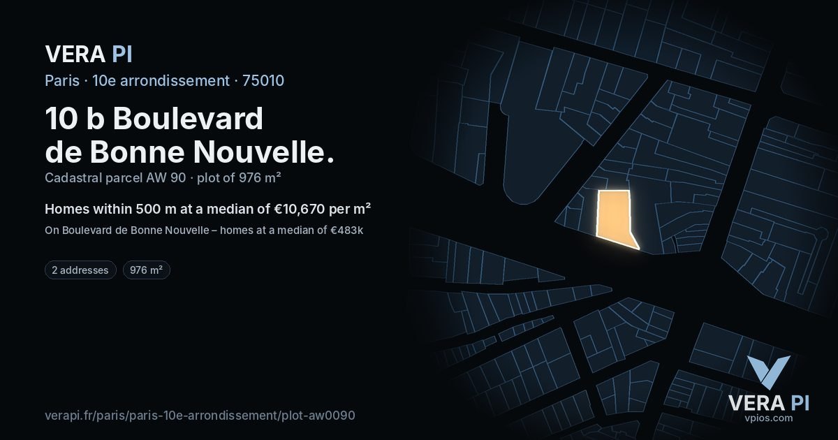 10 b Boulevard de Bonne Nouvelle, 10e arrondissement at night – the plot lit, the parcels around coloured by the prices near them