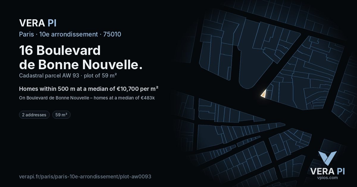 16 Boulevard de Bonne Nouvelle, 10e arrondissement at night – the plot lit, the parcels around coloured by the prices near them