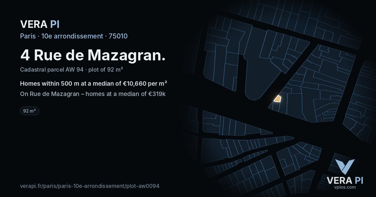 4 Rue de Mazagran, 10e arrondissement at night – the plot lit, the parcels around coloured by the prices near them