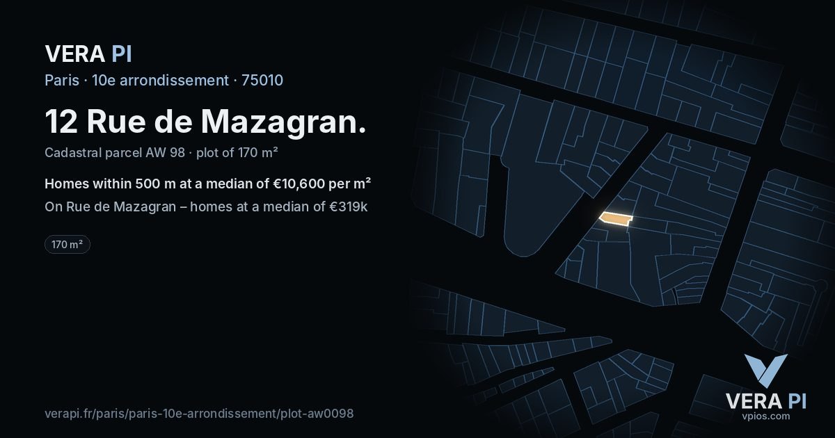12 Rue de Mazagran, 10e arrondissement at night – the plot lit, the parcels around coloured by the prices near them