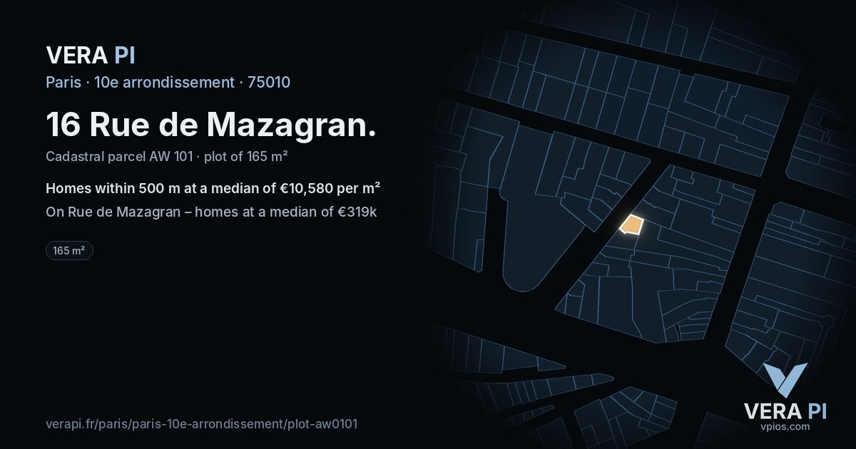 16 Rue de Mazagran, 10e arrondissement at night – the plot lit, the parcels around coloured by the prices near them