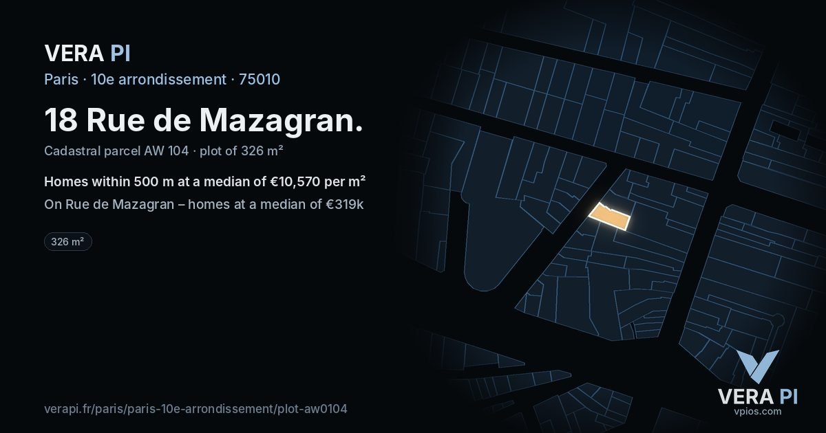 18 Rue de Mazagran, 10e arrondissement at night – the plot lit, the parcels around coloured by the prices near them