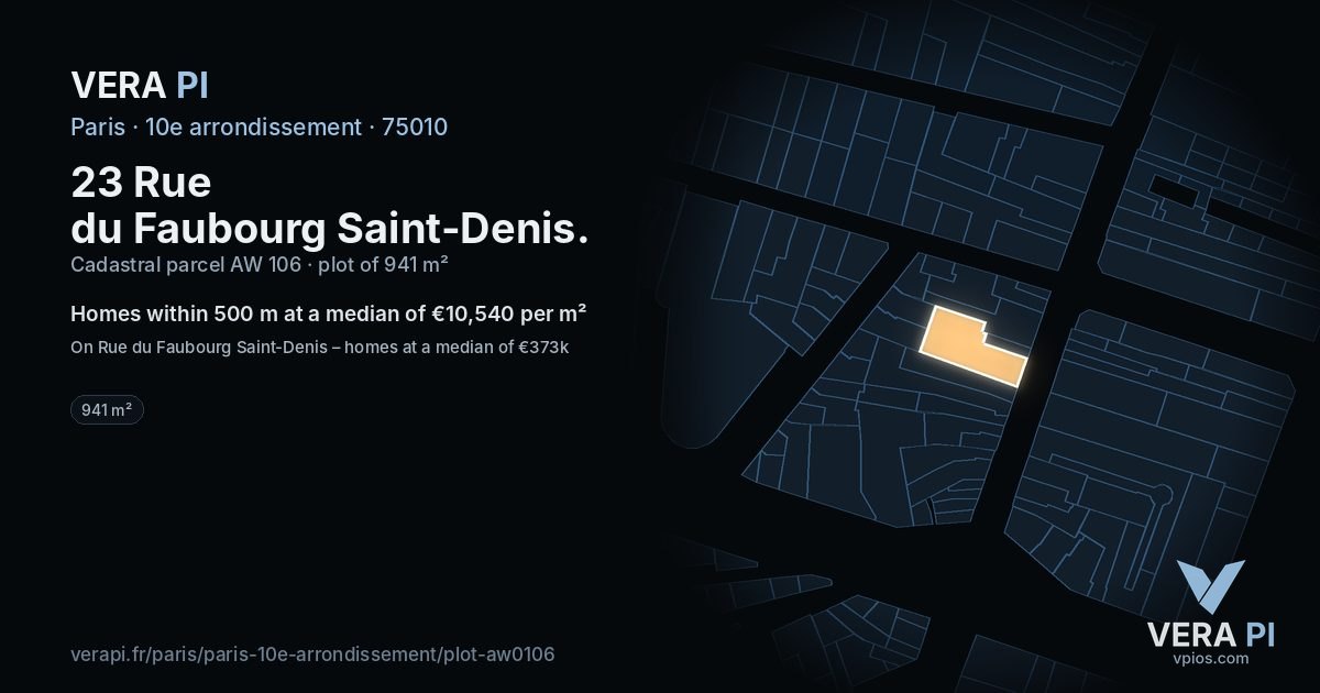 23 Rue du Faubourg Saint-Denis, 10e arrondissement at night – the plot lit, the parcels around coloured by the prices near them