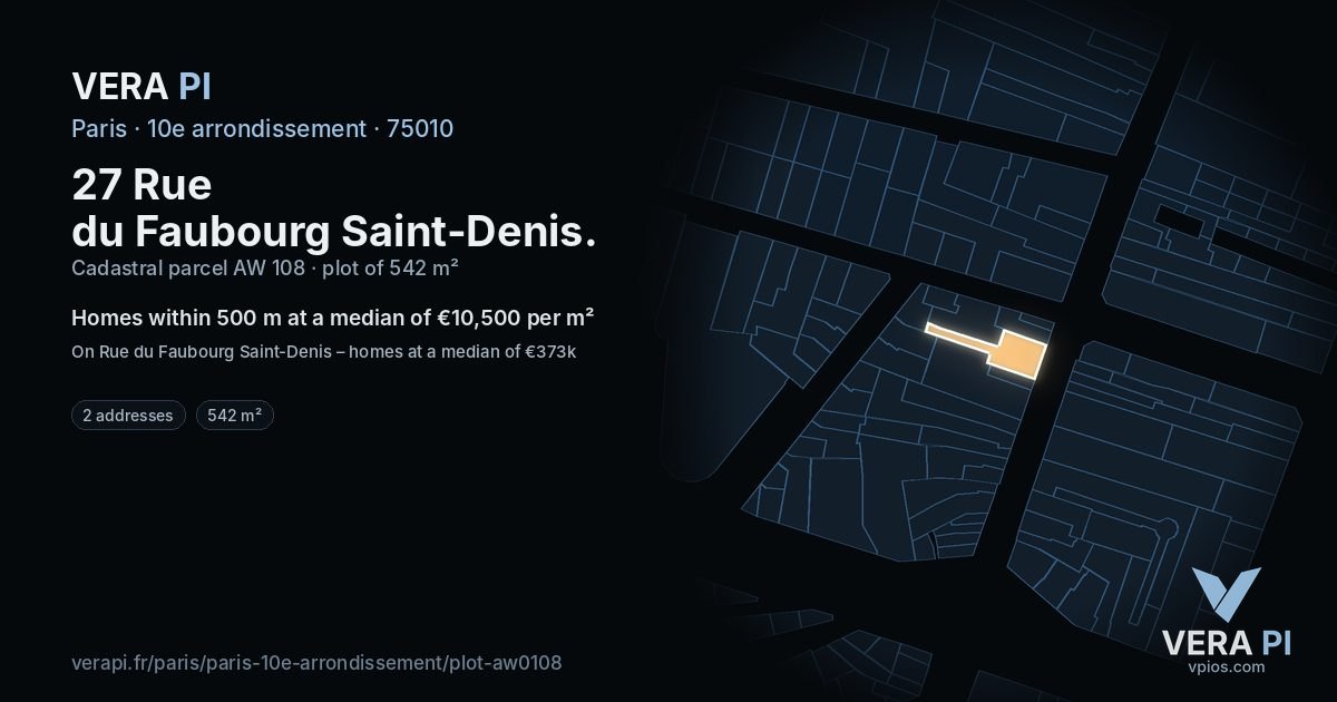 27 Rue du Faubourg Saint-Denis, 10e arrondissement at night – the plot lit, the parcels around coloured by the prices near them